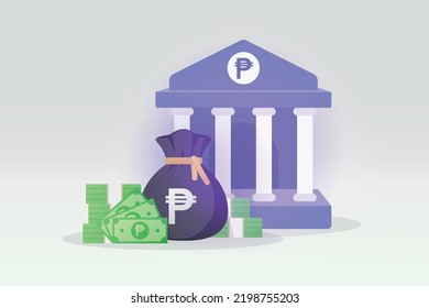 Bank deposit and money bag and banknote illustration with peso sign. Cuban peso Currency of Cuba. Saving and bank transfer service icon concept.