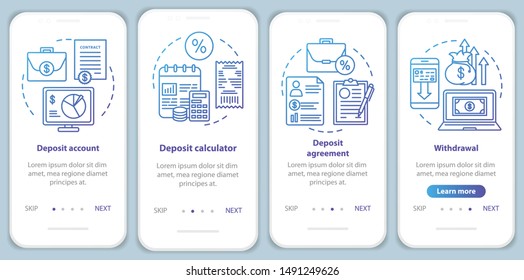 Bank deposit onboarding mobile app page screen vector template. Deposit account and agreement. Walkthrough website steps with linear illustrations. UX, UI, GUI smartphone interface concept