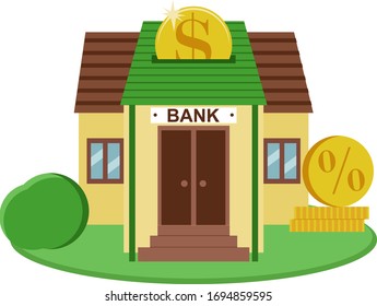 Bank, deposit, percent, coins, building.Template for banner, poster, card, business, web, marketing, promotion. Vector illustration in flat style. 