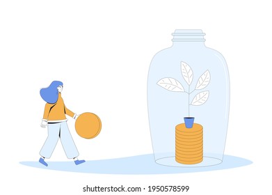 Bank deposit replenishment. Savings. Woman with money. Female character going to put her income into jar of coins. Young person with moneybox and huge gold coin. Vector color line art illustration.