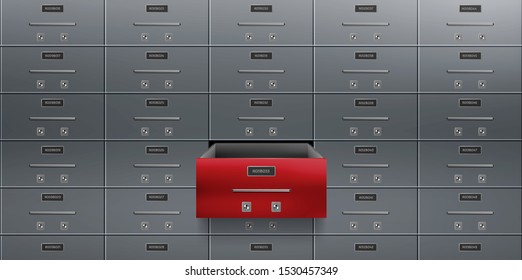 Bank deposit safe boxes wall, one red opened locker with number plate, tandem keyholes on steel door. Vault for valuable, confidential documents, money secure saving 3d realistic vector illustration