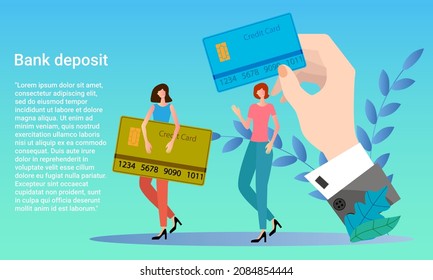 Bank deposit.People with credit cards in their hands as a symbol of bank savings. Cry in business style.Flat vector illustration.