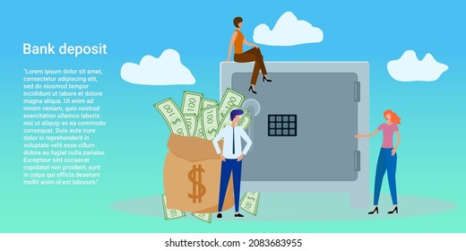 Bank deposit.People on the background of a large bank safe are engaged in banking work.The concept of financing various business projects. Cry in business style.Flat vector illustration.
