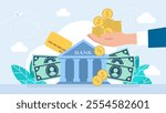 Bank deposits, financial services. Man carries money to bank, cash, coins, credit cards. Deposit, withdrawal, transactions money service. Hand holding coin for saving investment. Vector illustration