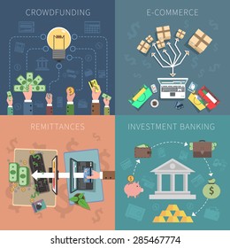 Bank design concept set with crowdfunding e-commerce investments flat icons isolated vector illustration