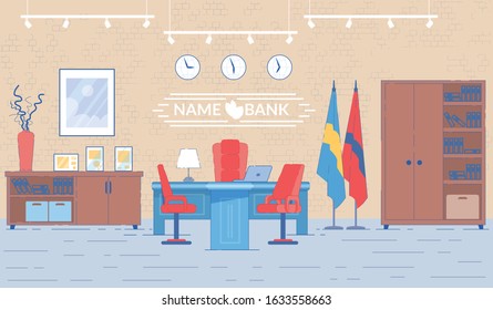 Bank Director Office Interior with Table for Visitors and Staff Employees Receiving. Head Bank Official Reception Room or Cabinet Background with Furniture. Flat Cartoon Vector Illustration.