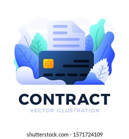 Bank document with credit card vector stock illustration isolated on a white background. The concept of concluding a banking contract. Front side of card with text document