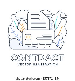 Bank document with credit card vector stock illustration isolated on a white background. The concept of concluding a banking contract. Front side of card with text document. Outline style.