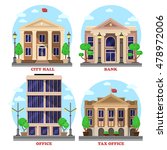 Bank with dollar currency sign and skyscraper office, national city hall with flag and tax revenue building or house with bushes and trees. Municipal city, government constructions facade exteriors.