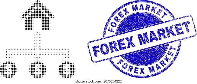 Bank dollar links halftone dotted icon with Forex Market seal stamp. Blue vector round grunge seal stamp with Forex Market phrase inside round shape.