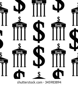 Bank and dollar signs seamless pattern on white. Vector illustration.