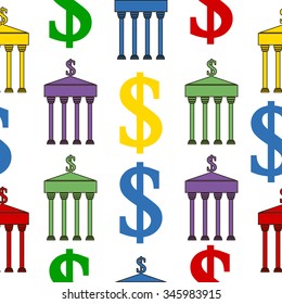 Bank and dollar signs seamless pattern on white. Vector illustration.