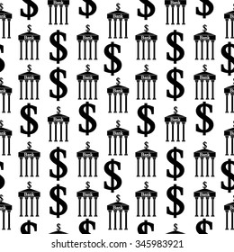 Bank and dollar signs seamless pattern on white. Vector illustration.