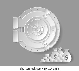 Bank door illustration with money bags and gold. Vector paper cut.