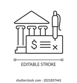 Bank draft linear icon. Payment providing. Guaranteeing funds. Clearing house. Thin line customizable illustration. Contour symbol. Vector isolated outline drawing. Editable stroke