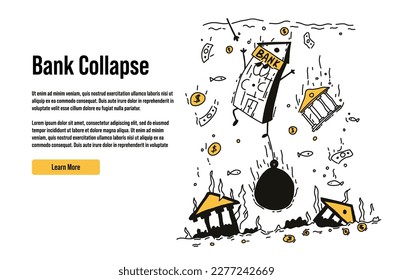 The bank is drowning in the ocean against the background of drowned buildings. The concept of bankruptcy and collapse of the banking system. Vector illustration.