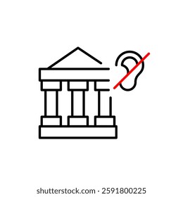 Bank and ear crossed out. No audio for banking transactions. Hearing-impaired people accessibility. Pixel perfect, editable stroke vector icon