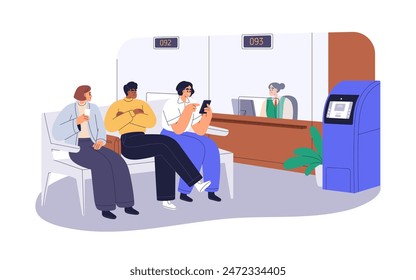 Bank electronic queue with people waiting for turn by numbers. Clients sitting by teller counter. Customers, visitors expecting on bench. Flat vector illustration isolated on white background