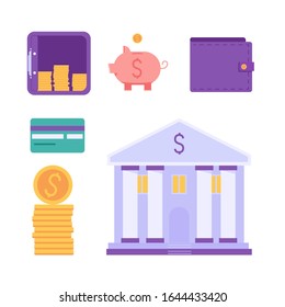 Bank elements. Set of money, piggy bank, bank building, coins and credit card. Concept of banking, saving money, deposit, cash back. Vector illustration in flat design for UI, web banner, mobile app