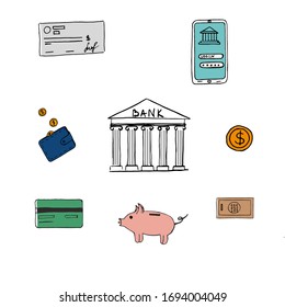 Bank elements. Set of money, piggy bank, bank building with coins, pay check and credit card. Concept of banking, saving money, deposit, cash back. Vector illustration in doodle design 