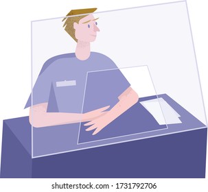 Bank employee in the desk. Vector illustration receptionist 