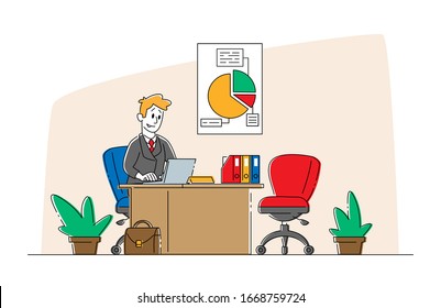 Bank Employee Male Character Wearing Formal Suit Sitting at Desk with Laptop and Stationery Waiting Client. Financial Profession, Banking Work Occupation, Office Worker. Linear Vector Illustration