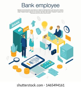 Bank employee service concept background. Isometric illustration of bank employee service vector concept background for web design
