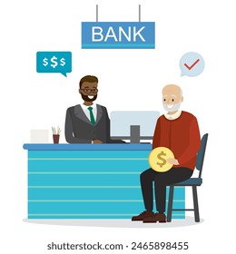 Bank employee talking to grandfather. Old man brought his savings to the bank. Retirement savings. Passive income. Banking financial services, deposit. Pension fund. Flat vector illustration