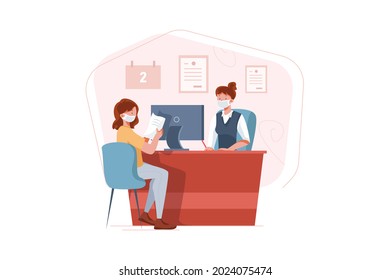 Bank Employee Wearing Mask Working In Bank Illustration Concept. Flat Illustration Isolated On White Background.