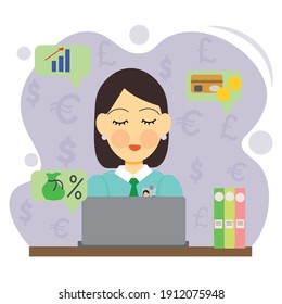 a bank employee working at a laptop, against a background of currency symbols and messages about the growth of rates, the issuance of loans, cards, deposits