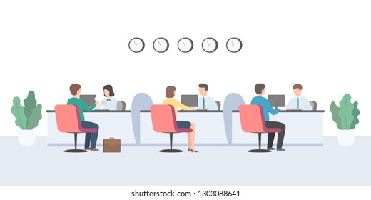 Bank employees advise clients on financial affairs. Managers and visitors sit at the table and talk. People at credit department. Office consultants with clients. Vector illustration in cartoon style