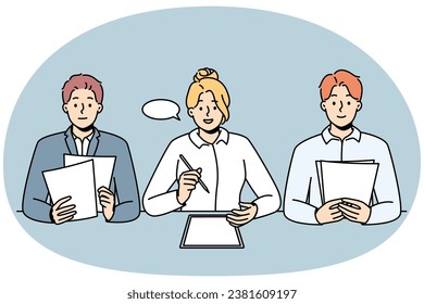 Bank employees offer to take loan, mortgage on favorable terms. Business partners, suppliers, lawyers have prepared to sign cooperation contract. Vector line art multicolored isolated illustration.