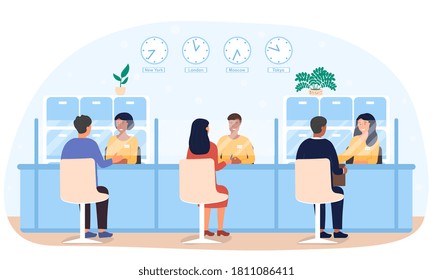 Bank employees providing financial services to clients. Flat vector illustration