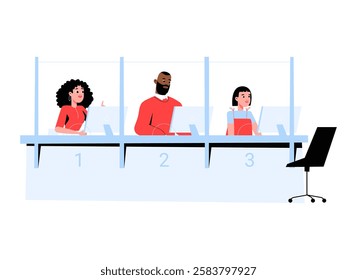 Bank Employees At Service Counters In Flat Vector Illustration Symbolizing Customer Service, Financial Assistance, And Banking Transactions, Isolated On White Background