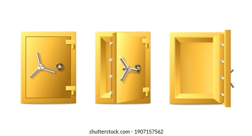 Bank empty safe set icon with closed and opened door. Armored golden box with combination lock for safety and protection money, jewelry or documents. Vector realistic illustration.