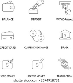 Bank and E-Wallets Vector Icon Set, Editable Strokes
