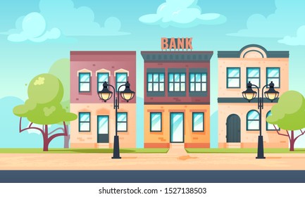 Bank exterior. Cityscape with facade of financial or other administration or residential buildings. Vector illustration in flat style.