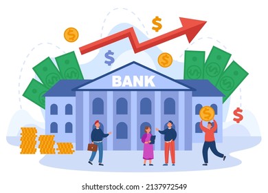 Bank facade with tiny people flat vector illustration. Office workers or economists making deals. Clients exchanging money, taking credit for buying house. Government finance system, business concept