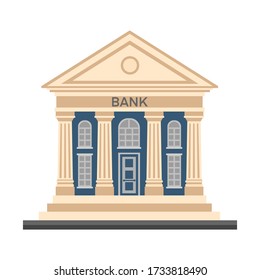 Bank finance building with columns  vector colorful flat illustration icon isolated on white background. Banking finance building for money exchange, financial services, ATM, giving out money