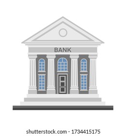 Bank finance building with columns  vector flat illustration icon isolated on white background. Banking finance building for money exchange, financial services, ATM, giving out money