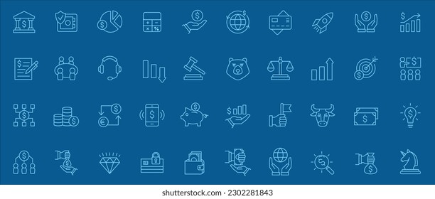 Bank and finance icon set. Business and corporation vector signs. Contain symbol of safe, global market, stake holder, crowd funding, start up, meeting, stock, bull and bear. Thin outline design.