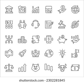 Bank and finance icon set. Business and corporation vector signs. Contain symbol of safe, global market, stake holder, crowd funding, start up, meeting, stock, bull and bear. Thin outline design.