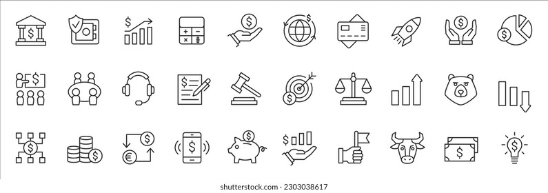 Bank and finance icon set. Business and corporation vector signs. Contain symbol of safe, global market, auction, crowd funding, start up, meeting, stock, bull and bear. Vector stock thin line design.