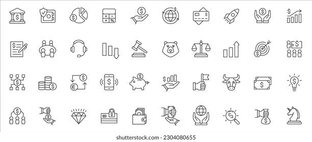 Juego de iconos de banco y finanzas. Señales vectoriales de negocios y corporaciones. Contener el símbolo de seguro, mercado global, subasta, crowdfunding, start up, Meeting, stock, bull y bear. Diseño de línea delgada de material vectorial.