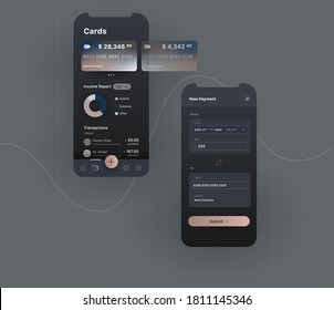 Bank finance mobile application, wallet with bank account cards and money trasition screens, user interface design in dark colour scheme