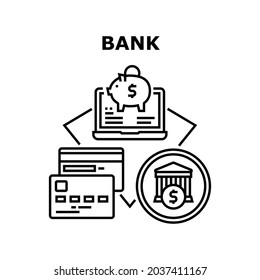Bank Finance Vector Icon Concept. Bank Finance Building And Online Banking For Make Payment And Checking Debt Balance, Investment And Getting Credit Card. Financial Economy Black Illustration