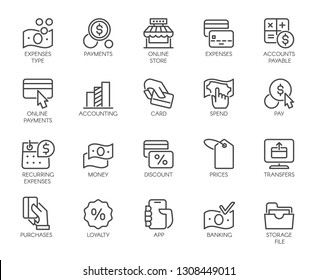 Bank, financial, economic, payment set icons. Credit and debit cards, Nfc system, currency, money, dollar line labels. Logo for banking sites and app, stores and other. Vector illustration isolated