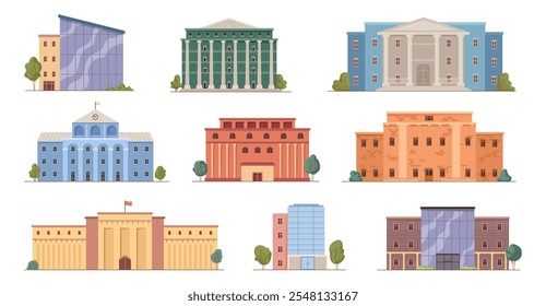 Bank financial institutions for clients deposits and transactions. Vector isolated municipal buildings, city infrastructures. Exterior of establishment, facade front view construction