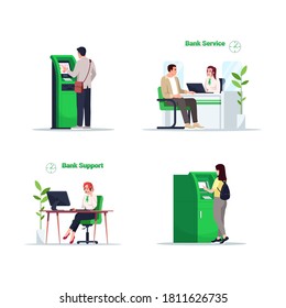 Bank financial service semi flat RGB color vector illustration set. Man use self serving kiosk. Online support advisor. Managers and customers isolated cartoon character on white background collection