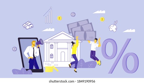 Bank financial services concept with cartoon clients who are happy to get a loan and bank clerk makes an announcement about savings programs at bank. Banking and money saving flat vector illustration.